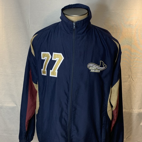 1 of 1 Vintage Sand Sharks #77 Hockey Warmup Windbreaker Grape/Gold/Maroon Sz L - Picture 1 of 14